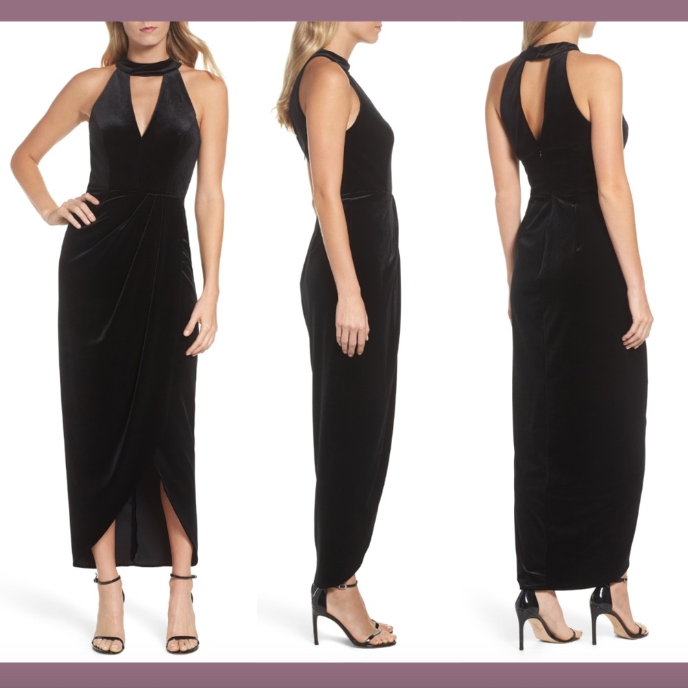 NWT XSCAPE‎ Velvet Choker Neck Wrap Dress Black